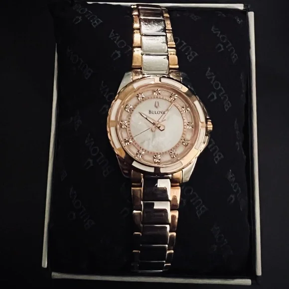 Women’s Bulova Rose Gold & Silver Round Face Watch BULOVA Womens 24 Diamonds Watch, White Dial Day Date, Two  main image 3